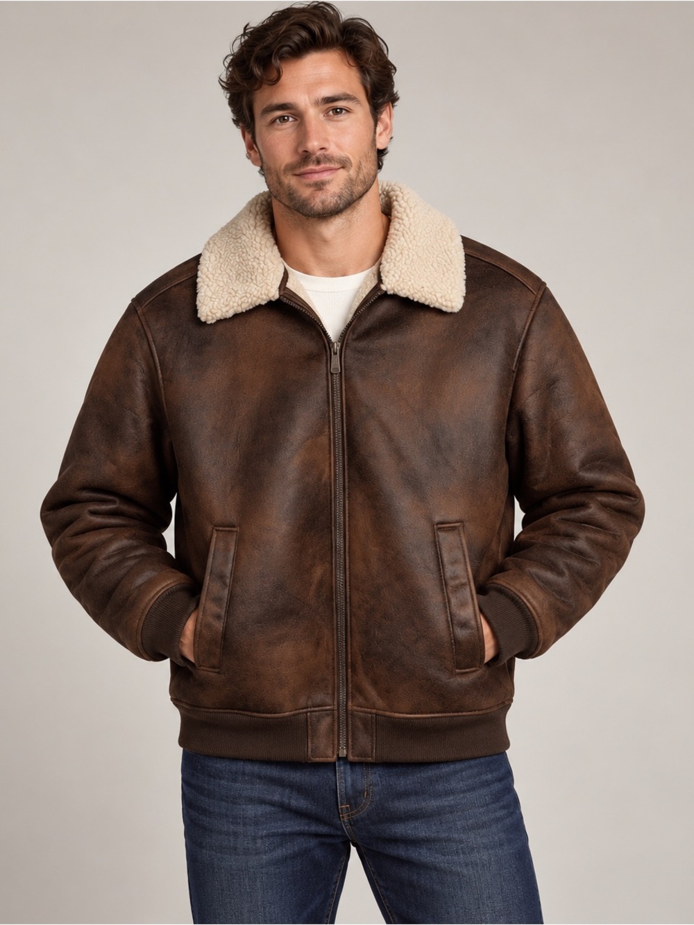 Rainforest Men’s XL Brown Faux Shearling Sherpa Lined Bomber Jacket